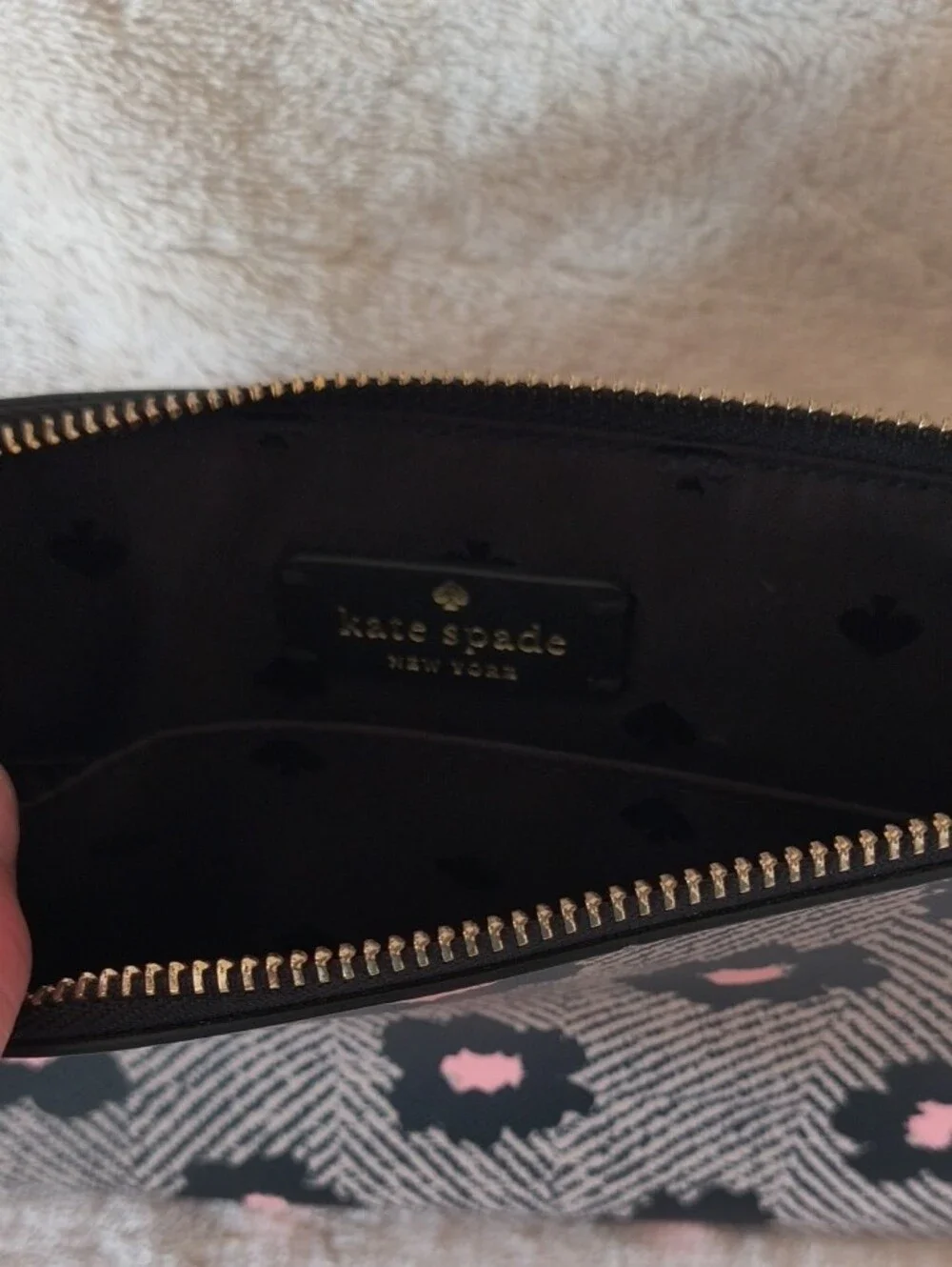 Kate Spade Black Floral Print Wristlet with Pink Accents